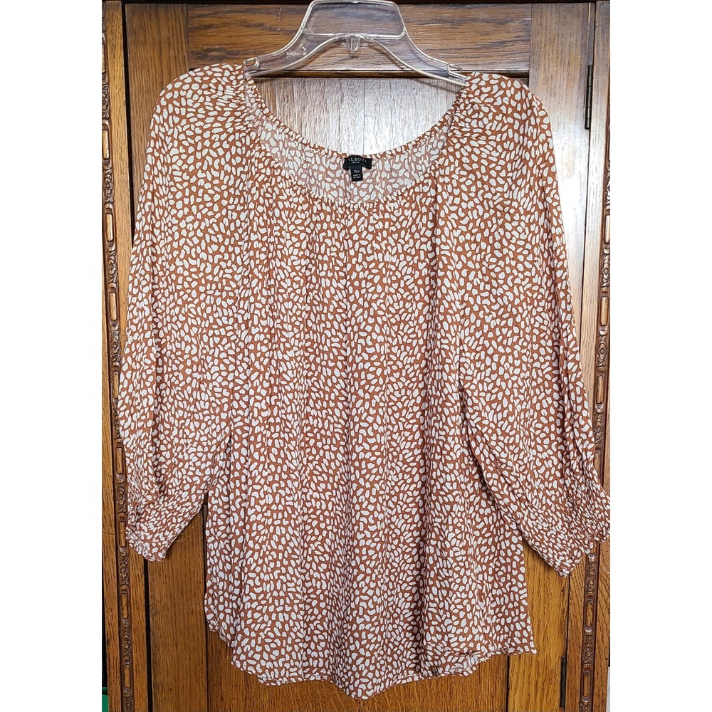 Talbots Petite Blouse XL Cinnamon Brown White Abstract Print Smocked Cuff Top